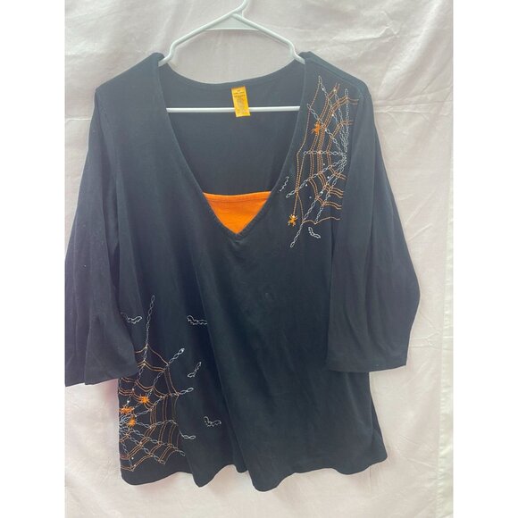 Women's Plus Size 2X Black Soot & Orange Spider Web & Bats 3/4 sleeve shirt - Picture 1 of 6